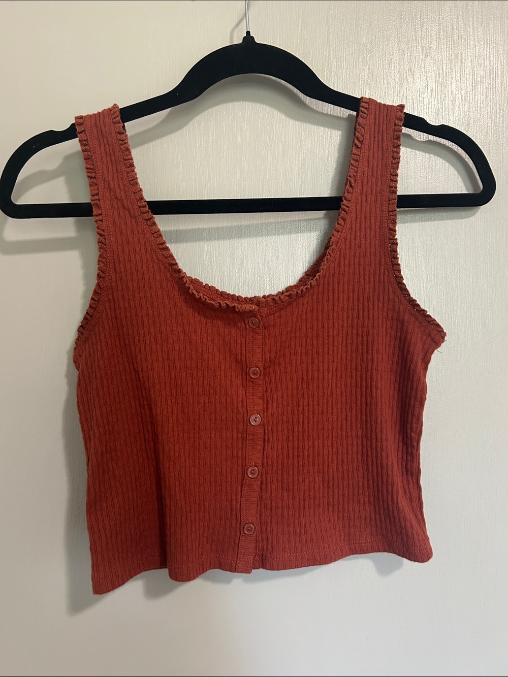 Ribbed Button-Front Boho Tank Top - Rust Orange